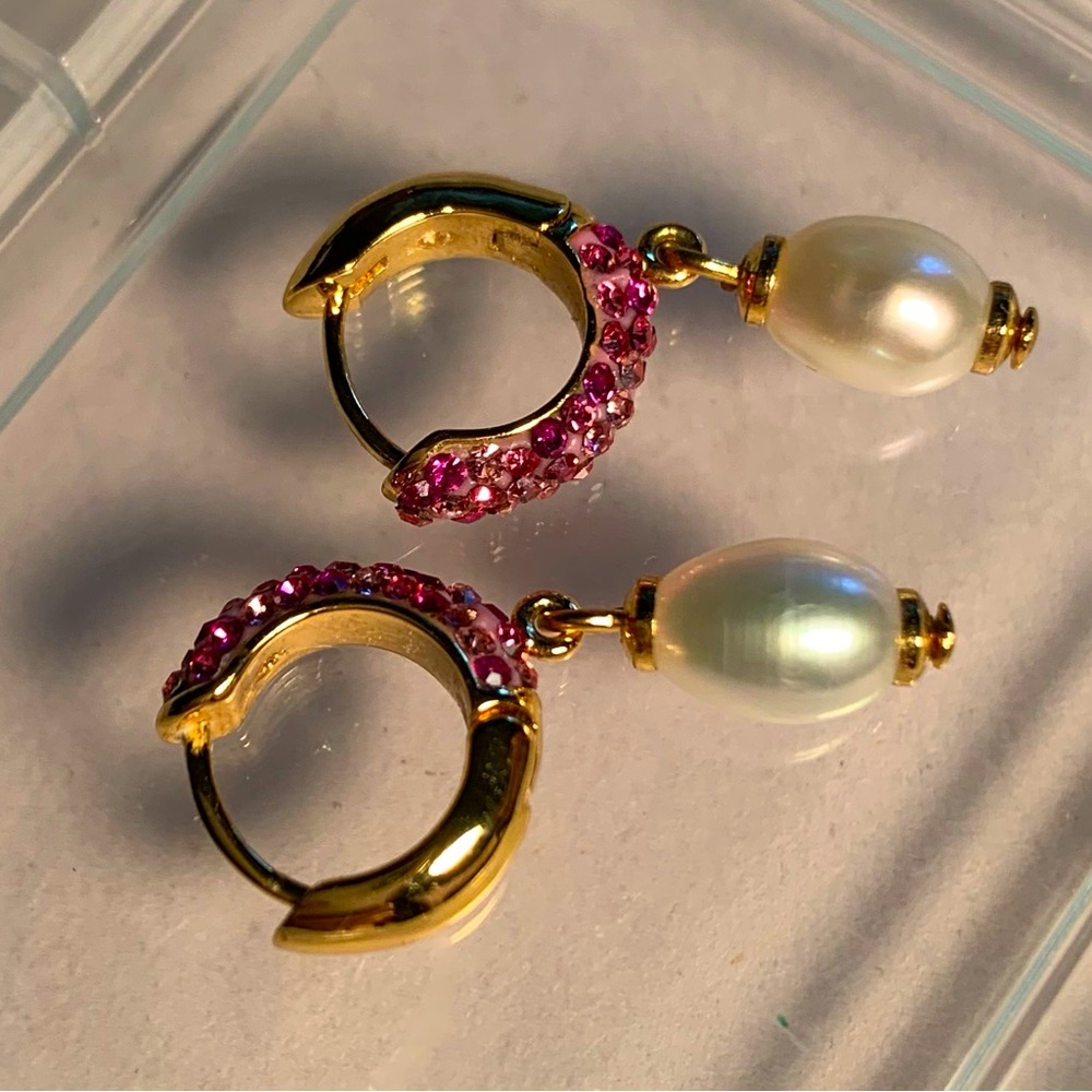 Kate spade Pearl Power Pave Drop Pink Multi Huggies Earrings